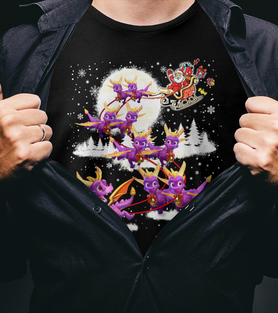 Santa's Sleigh Pulled By Purple Dragon Reindeer T-Shirt
