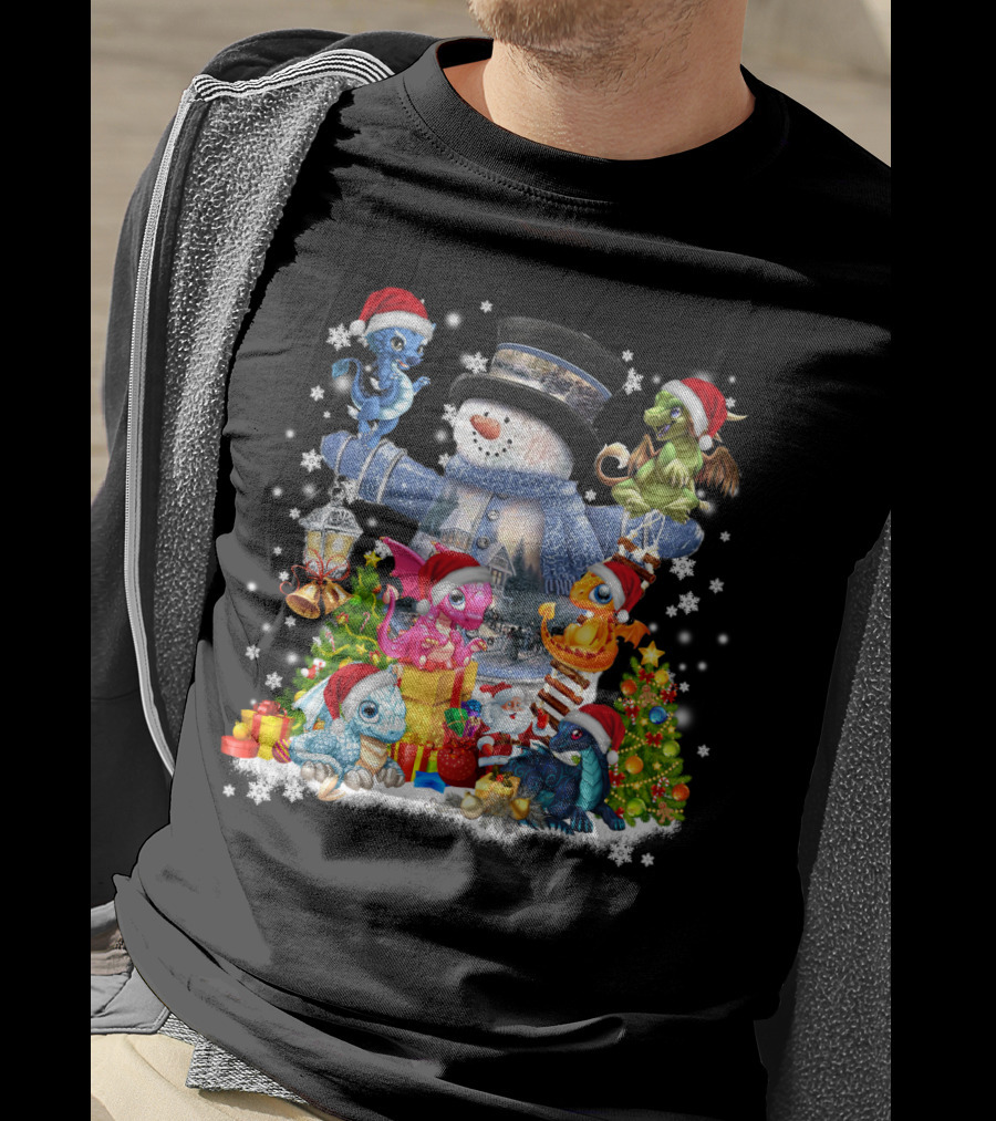 Dragons Play With Snowman IN Christmas Scene T-Shirt