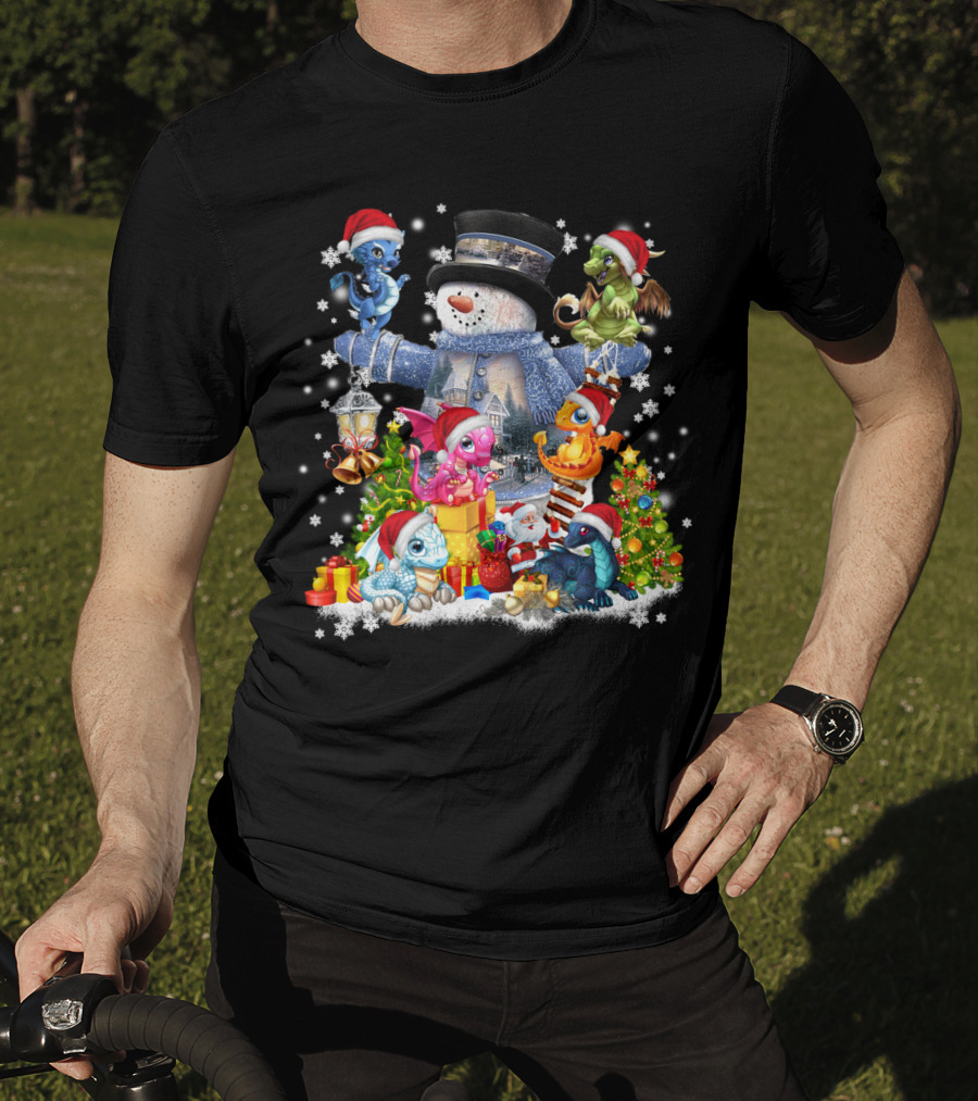 Dragons Play With Snowman IN Christmas Scene T-Shirt
