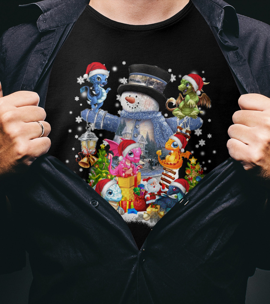 Dragons Play With Snowman IN Christmas Scene T-Shirt