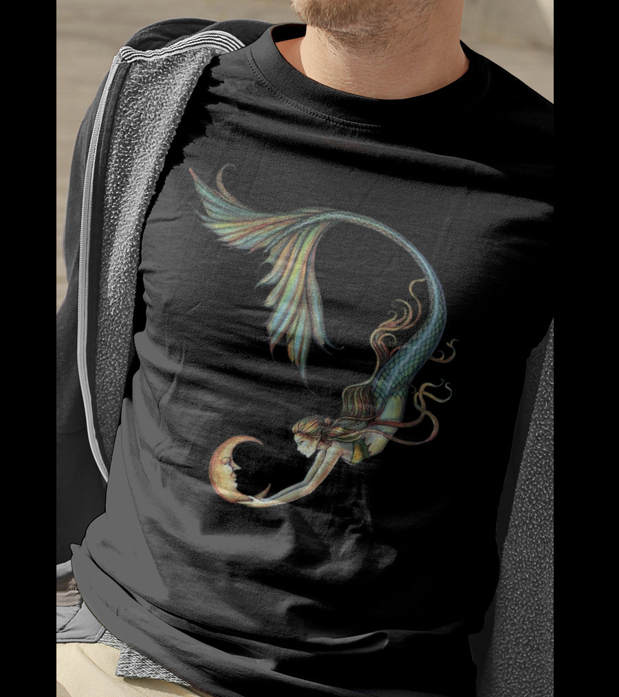 Mermaid Embrace With Smiling Crescent Moon T-Shirt