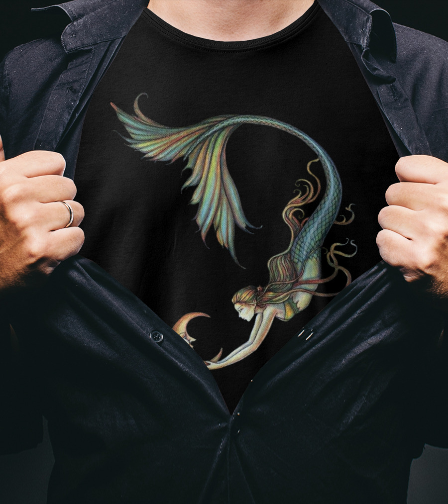 Mermaid Embrace With Smiling Crescent Moon T-Shirt