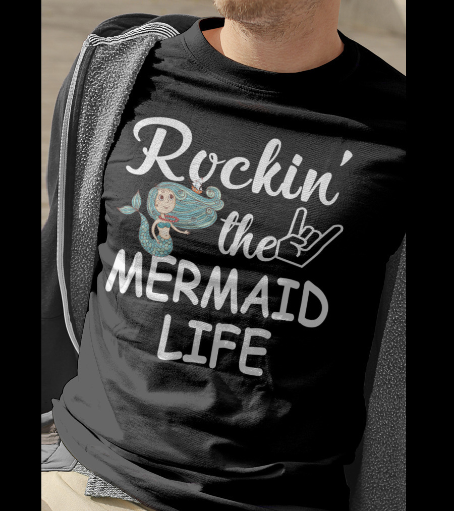 Rockin' The Mermaid Life With Hand Sign And Cartoon Mermaid T-Shirt