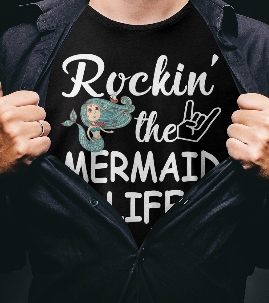 Rockin' The Mermaid Life With Hand Sign And Cartoon Mermaid T-Shirt