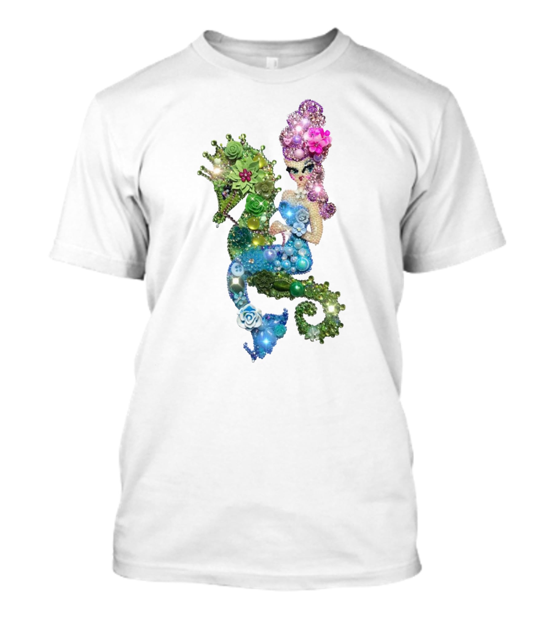 Mermaid Riding A Seahorse Jewel Embellished Fantasy Creature T-Shirt