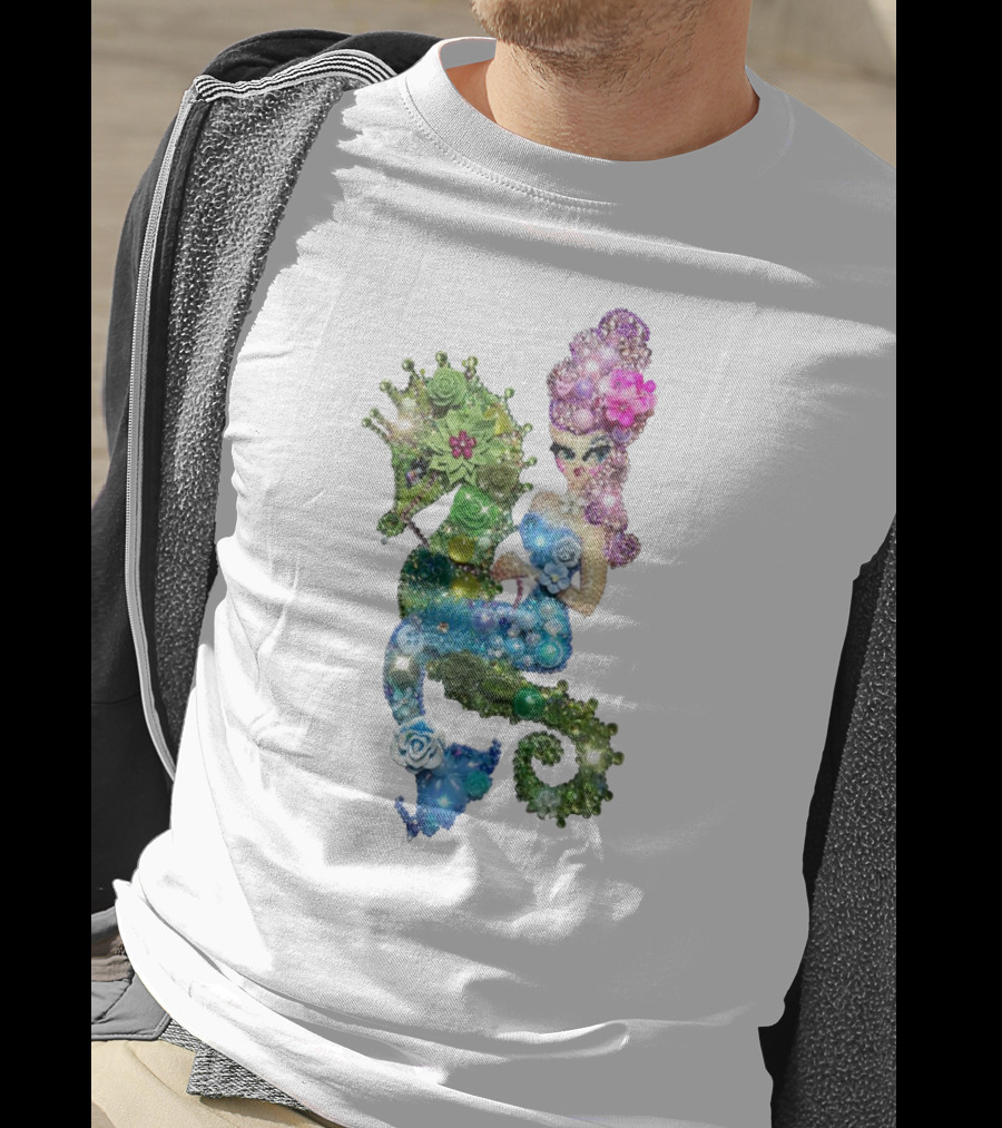 Mermaid Riding A Seahorse Jewel Embellished Fantasy Creature T-Shirt