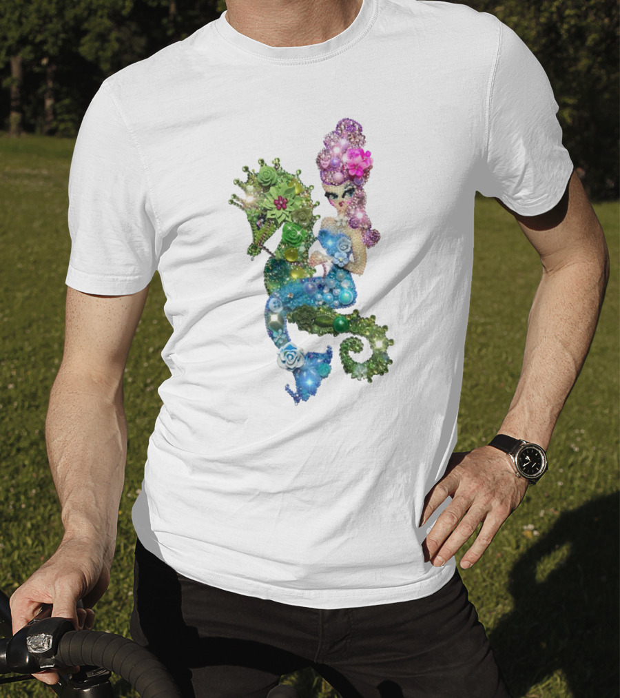 Mermaid Riding A Seahorse Jewel Embellished Fantasy Creature T-Shirt