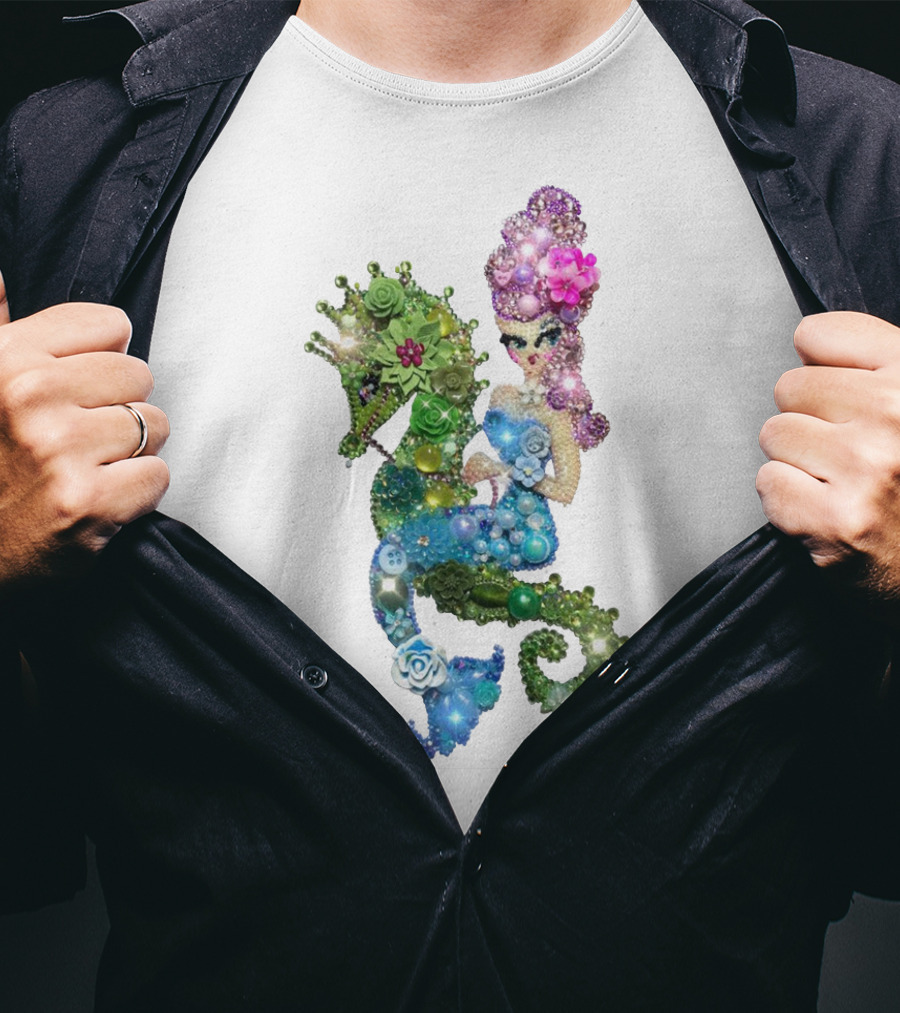 Mermaid Riding A Seahorse Jewel Embellished Fantasy Creature T-Shirt