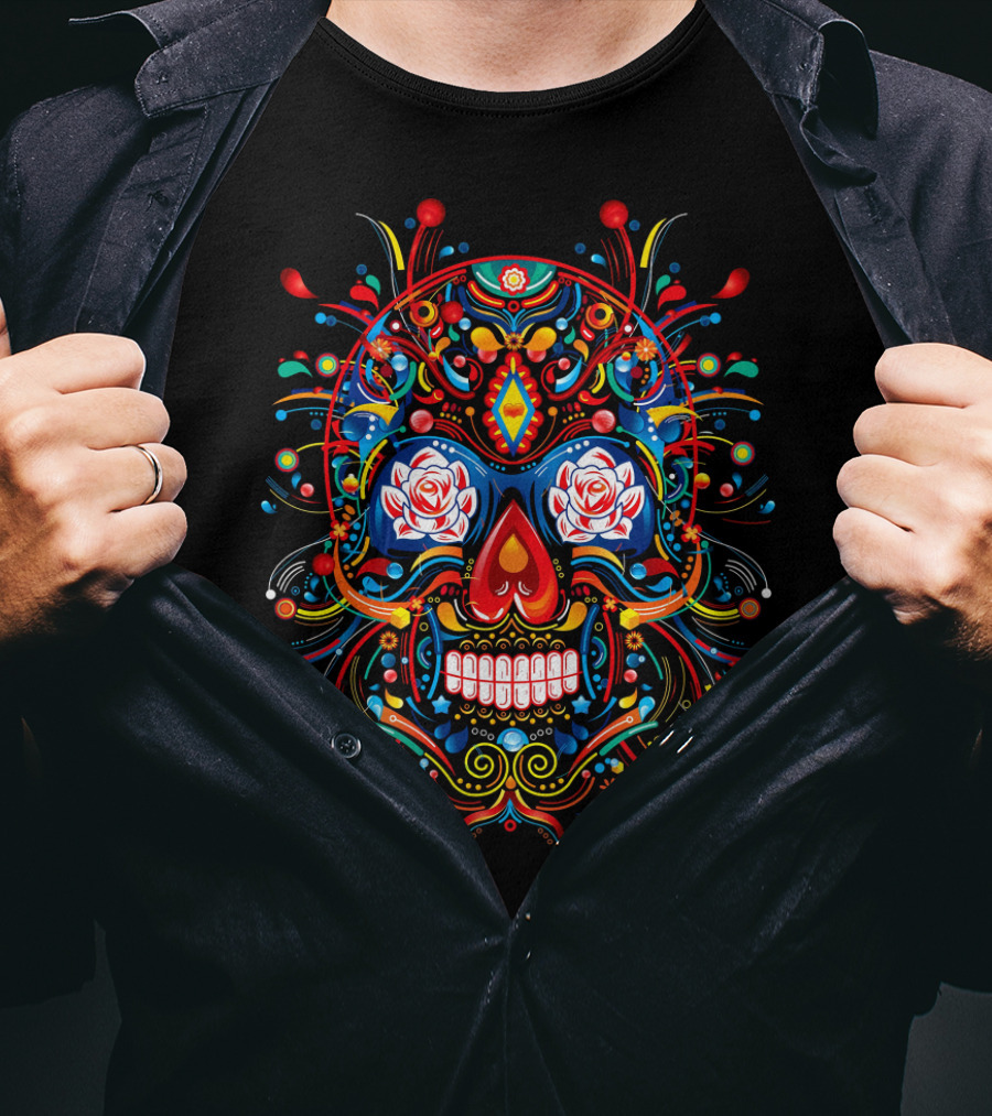 Skull Vibrant Colorful Floral Día De Los Muertos T-Shirt