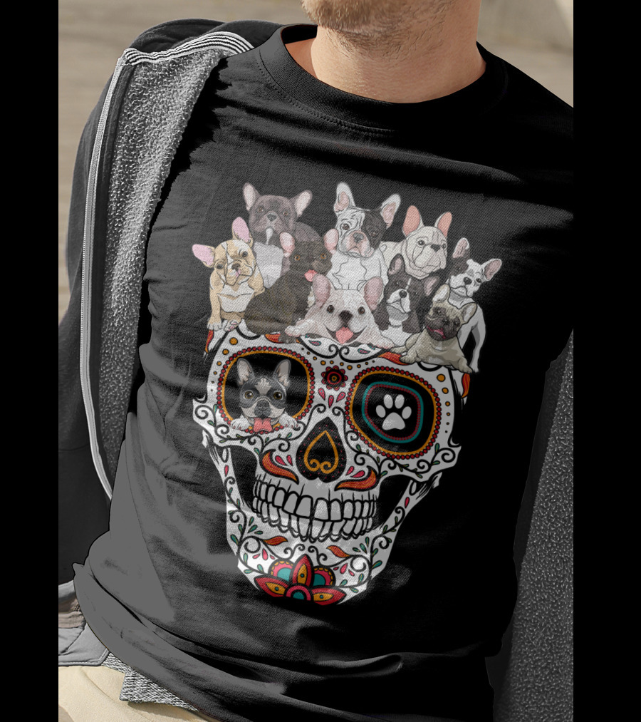 Skull Sugar French Bulldog Día De Los Muertos T-Shirt