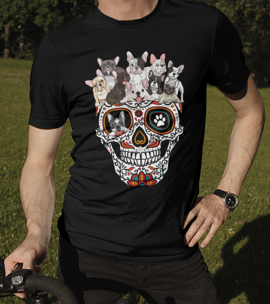 Skull Sugar French Bulldog Día De Los Muertos T-Shirt