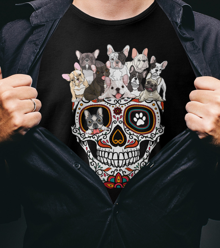 Skull Sugar French Bulldog Día De Los Muertos T-Shirt