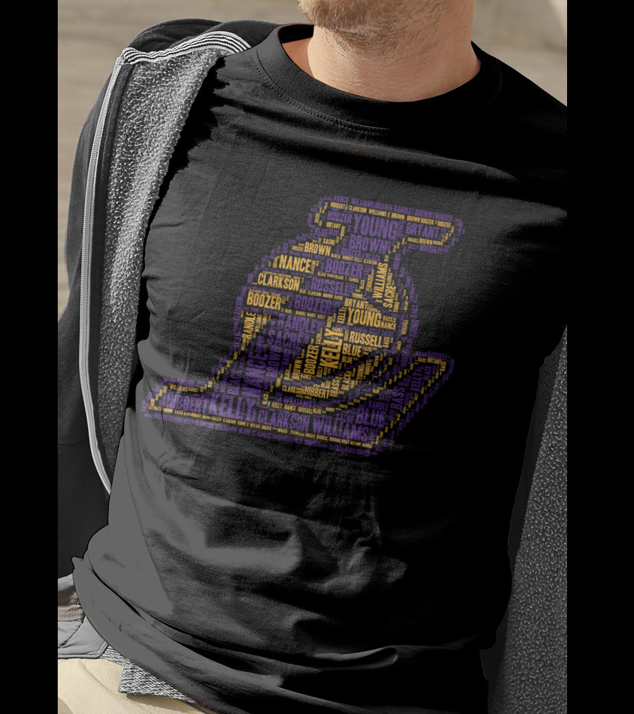 Los Angeles Lakers Word Cloud Logo Featuring Bryant Clarkson Russell Boozer And Young T-Shirt