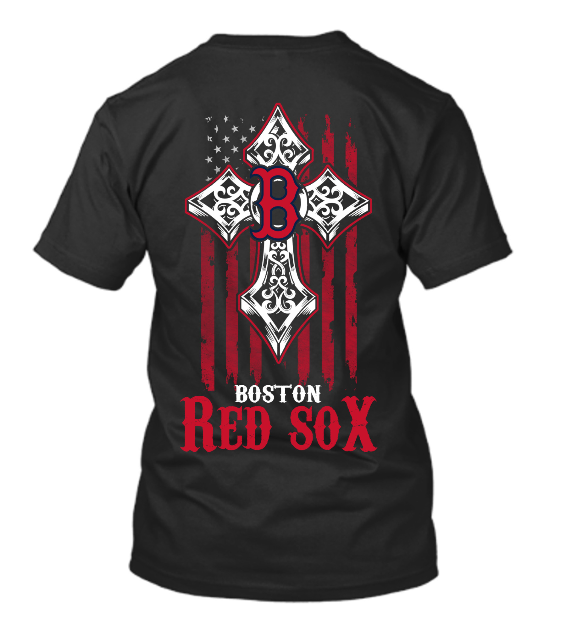 Boston Red Sox Patriotic Cross Stars And Stripes Motif T-Shirt