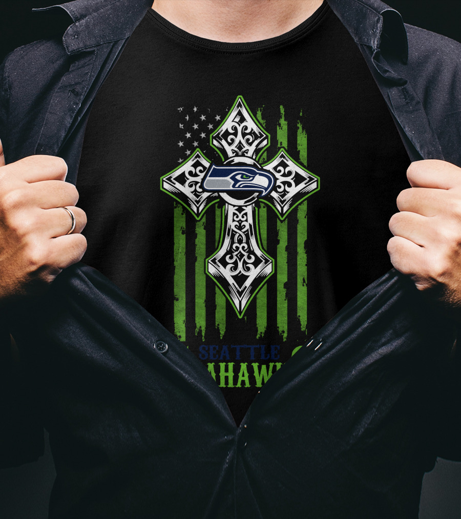 Seattle Seahawks Cross With American Flag Elements T-Shirt