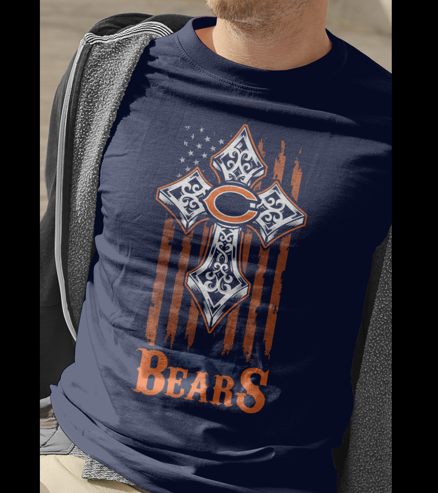 Chicago Bears Cross With American Flag Stripes T-Shirt