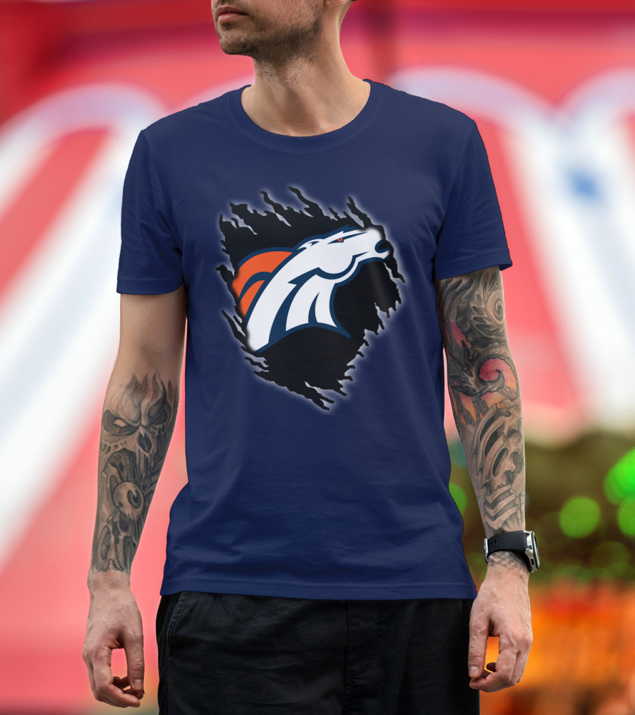 Denver Broncos Ripped Torn Logo Peeling Illusion Dark Blue T-Shirt