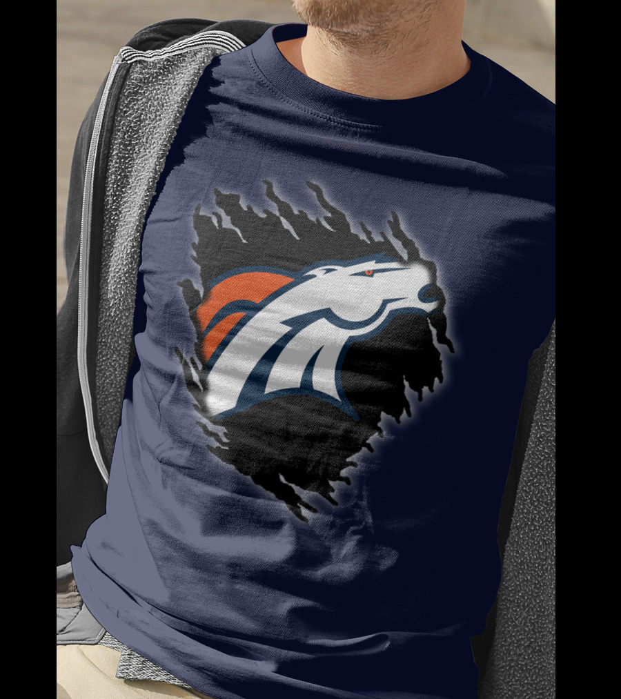 Denver Broncos Ripped Torn Logo Peeling Illusion Dark Blue T-Shirt