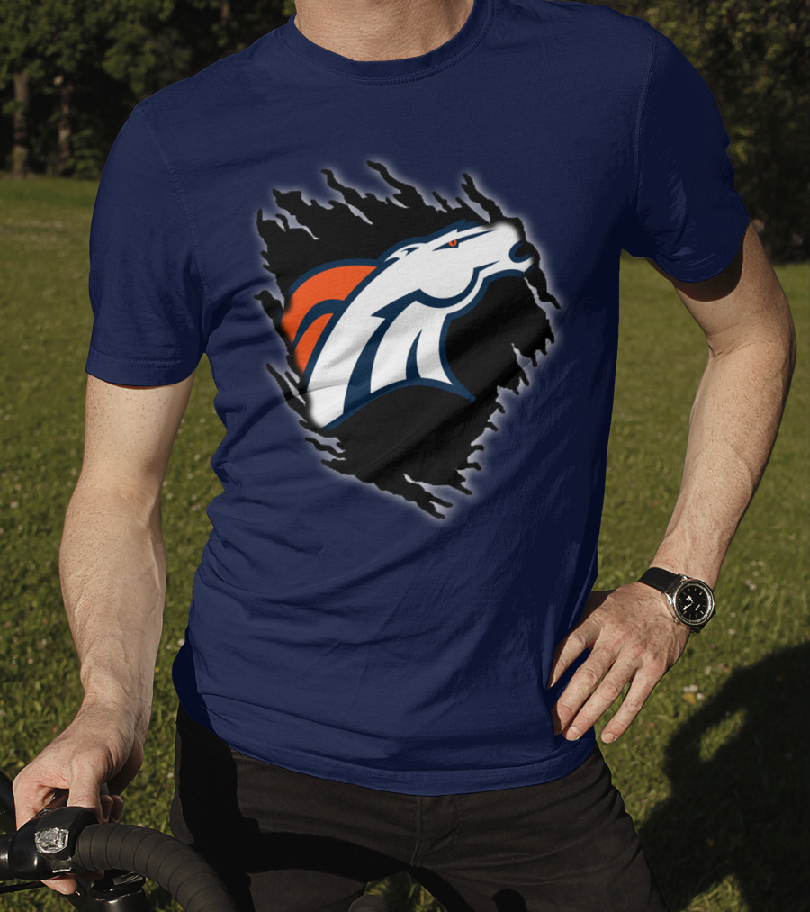 Denver Broncos Ripped Torn Logo Peeling Illusion Dark Blue T-Shirt