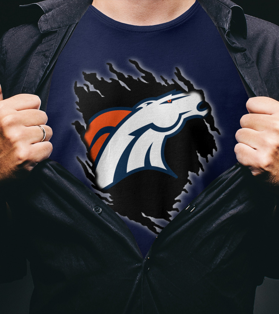 Denver Broncos Ripped Torn Logo Peeling Illusion Dark Blue T-Shirt