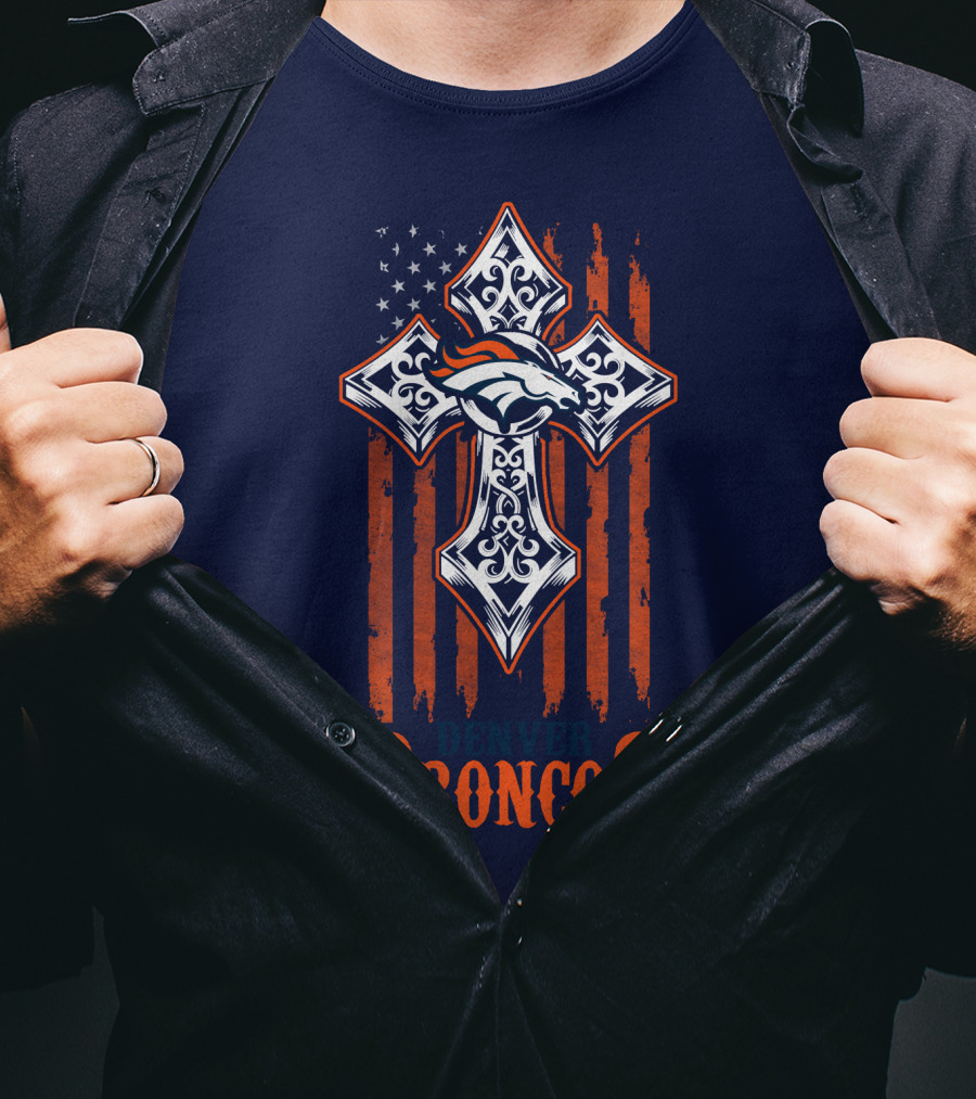 Denver Broncos American Flag Cross Horse T-Shirt