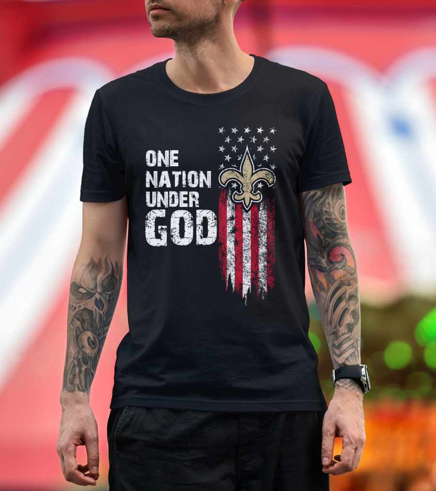 One Nation Under God New Orleans Saints Fleur-De-Lis American Flag Stars T-Shirt