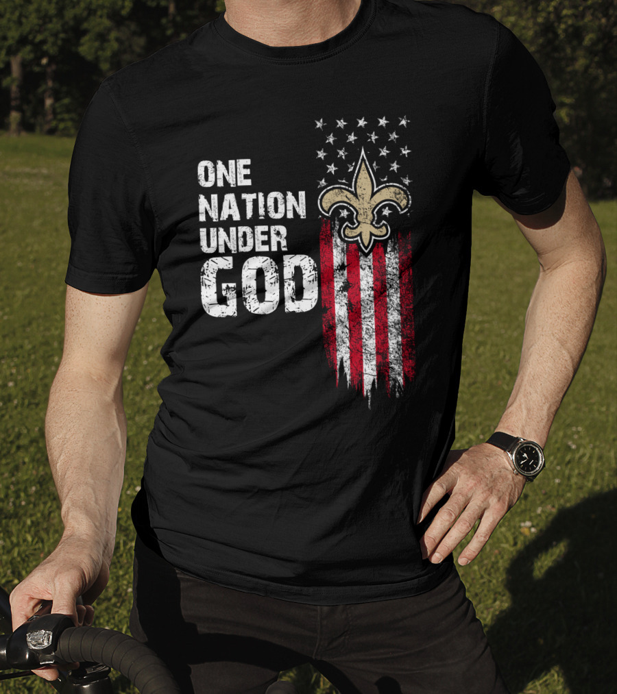 One Nation Under God New Orleans Saints Fleur-De-Lis American Flag Stars T-Shirt