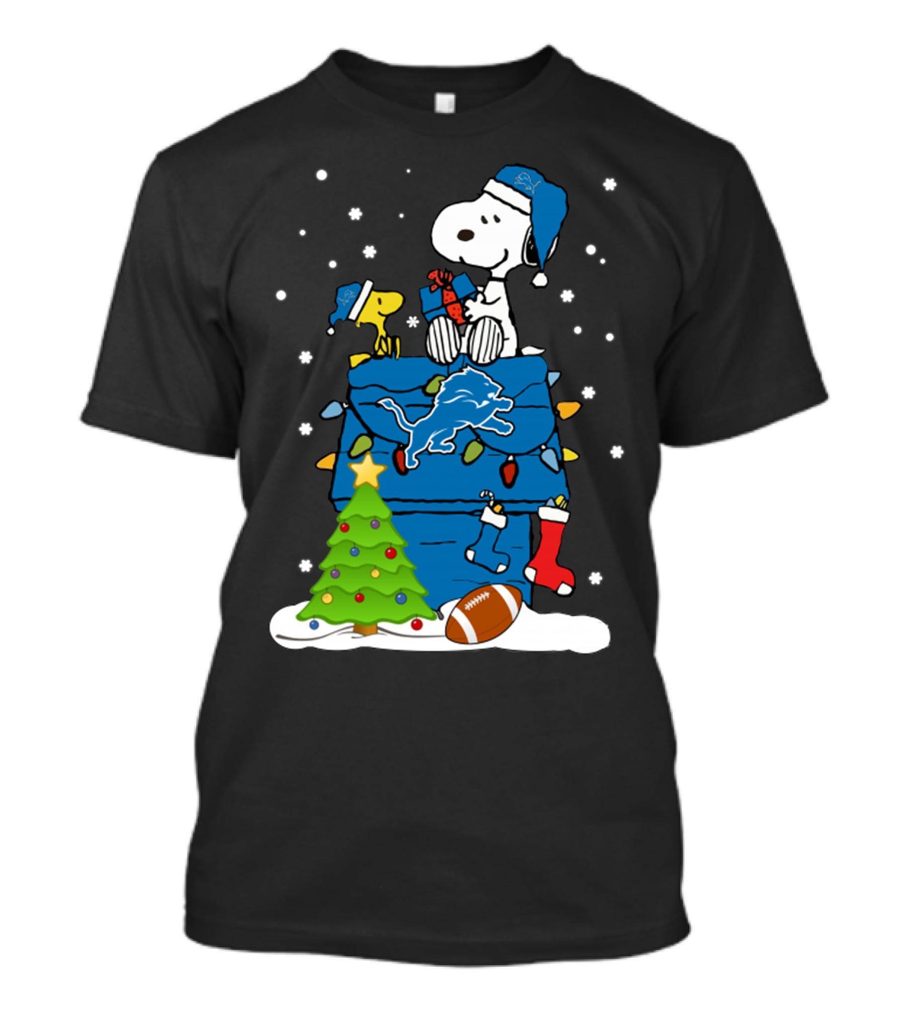 Detroit Lions Snoopy Christmas Football House With Tree And Stockings T-Shirt
