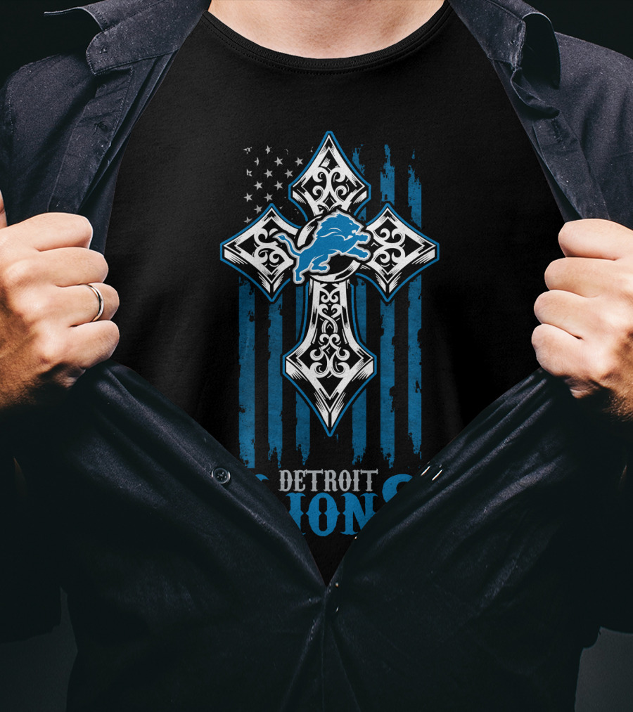 Detroit Lions Cross And Flag Design With Blue Lion T-Shirt