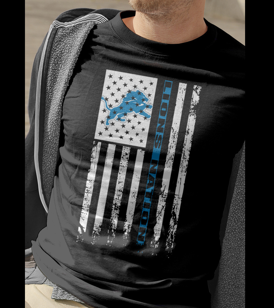 Detroit Lions Nation Flag Design With Blue Lion And Stars T-Shirt
