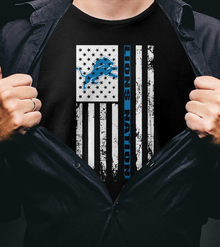 Detroit Lions Nation Flag Design With Blue Lion And Stars T-Shirt