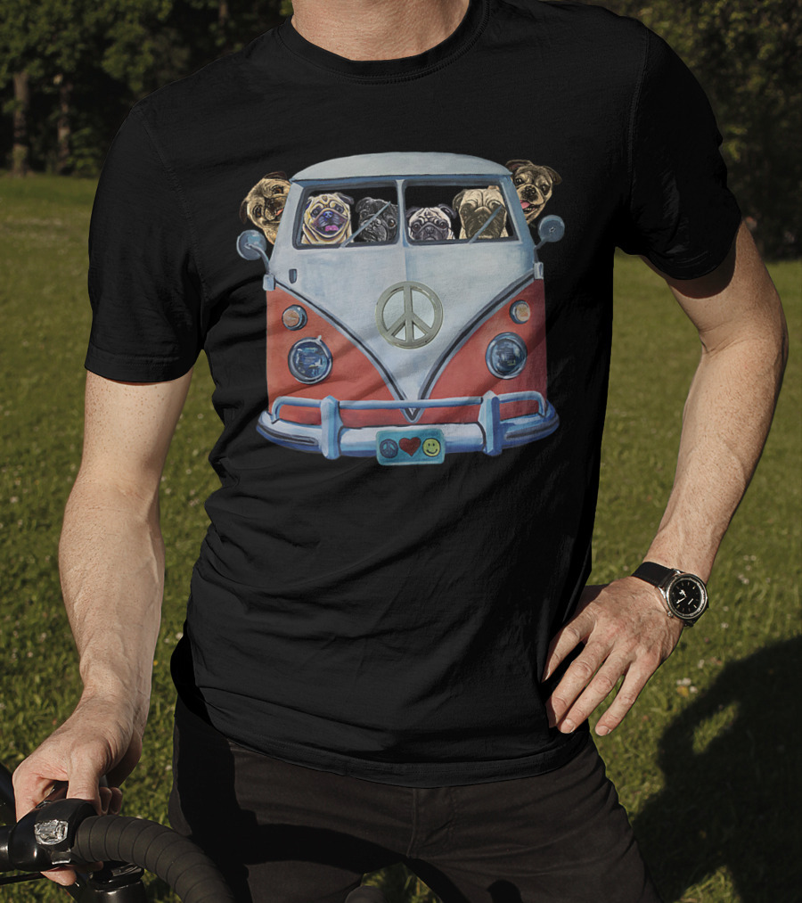 Pug Faces In Iconic Hippie Van With Peace Symbol And Love Smile Elements T-Shirt