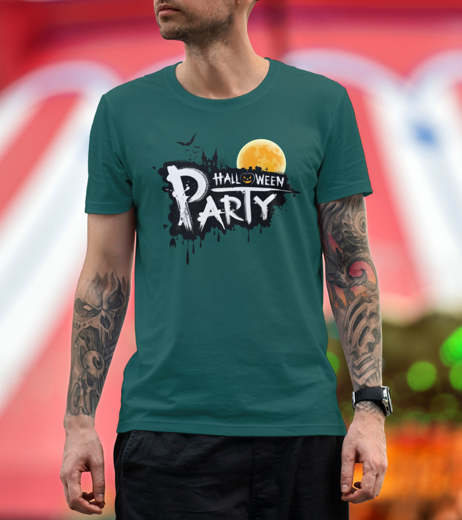 Halloween Party Moonlit Haunted House and Bats T-Shirt