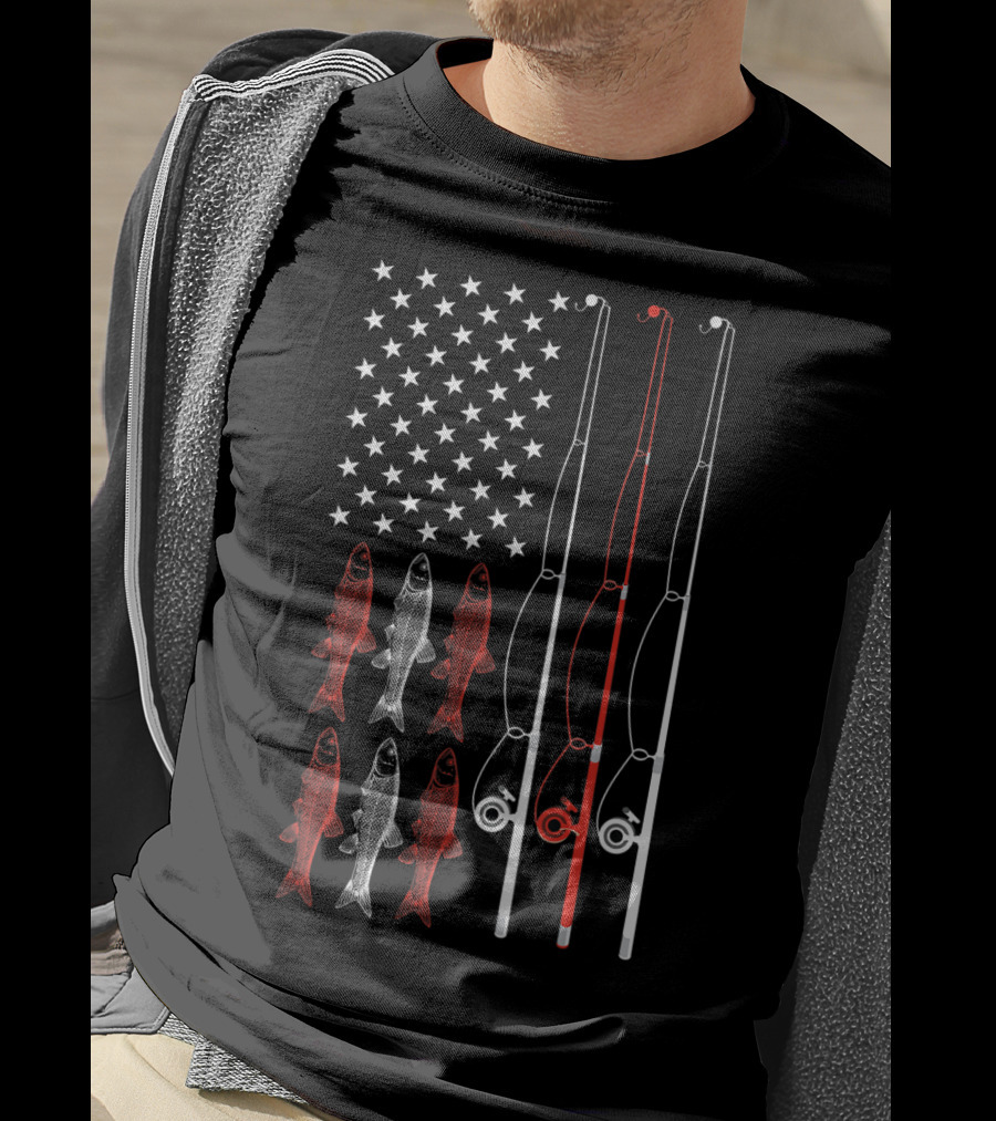 American Flag Fishing Dad Grandpa Vintage Patriotic Fishing Rods And Fish T-Shirt