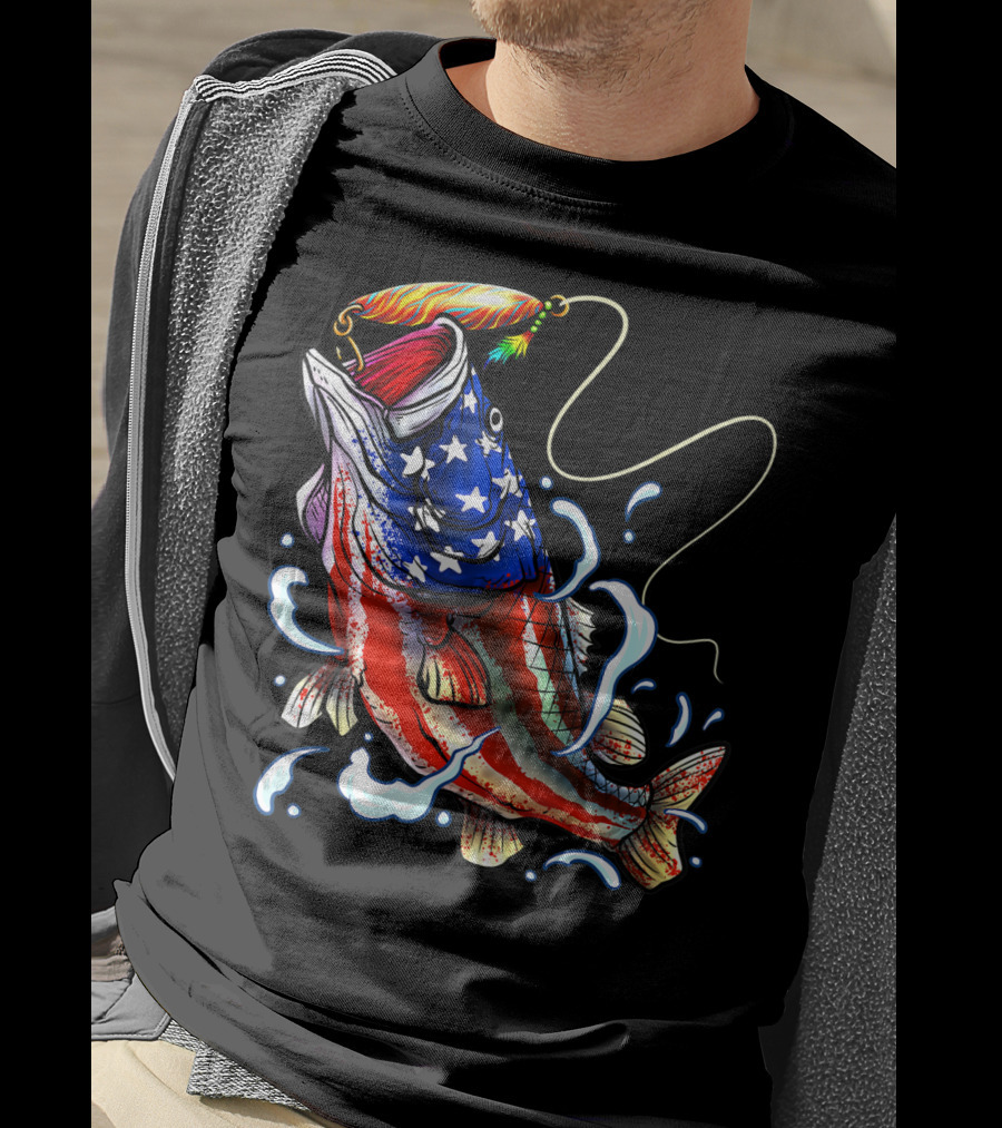 Bass Fishing Angler Dad With American Flag T-Shirt