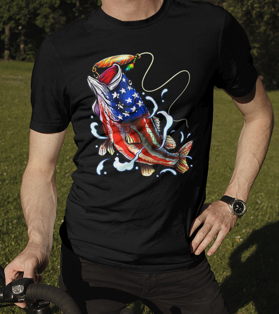 Bass Fishing Angler Dad With American Flag T-Shirt