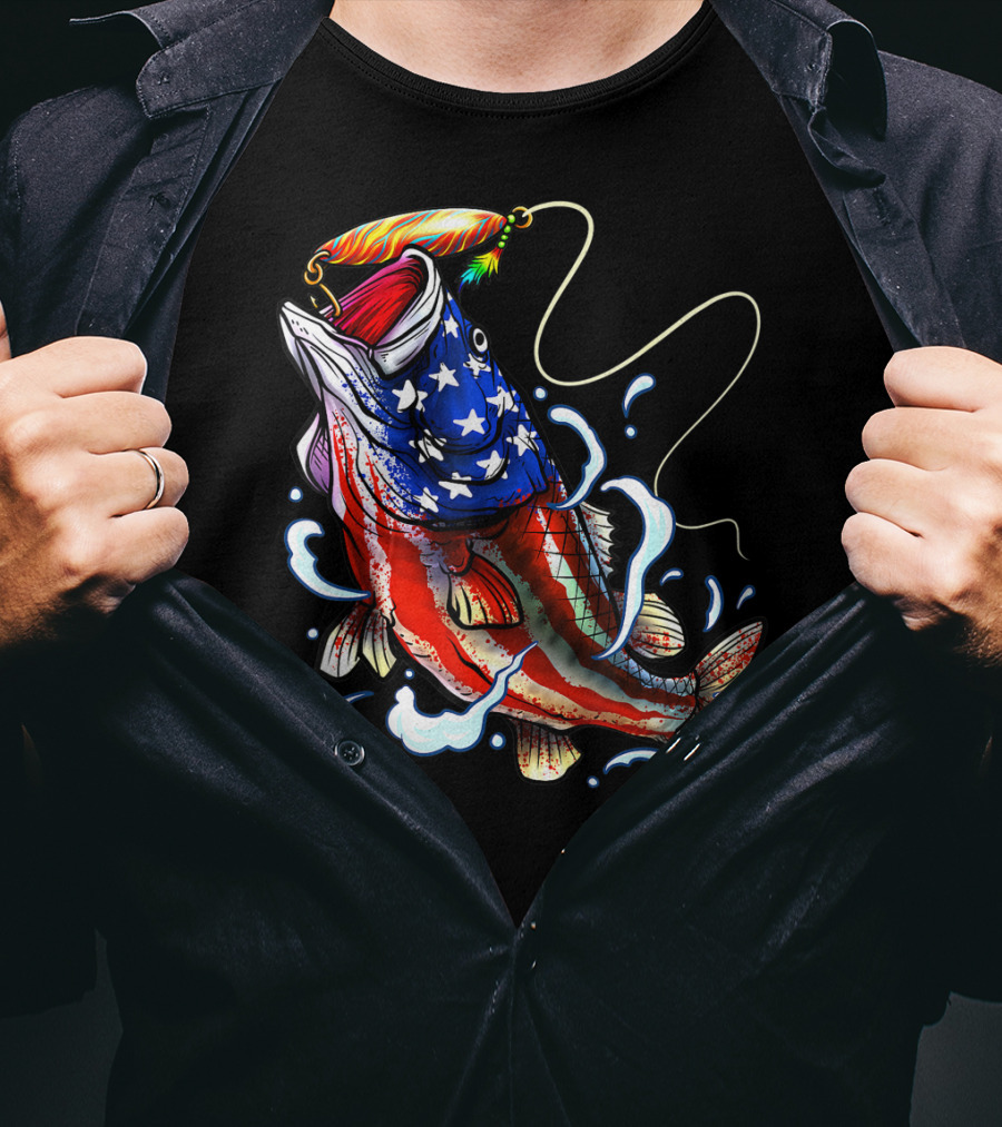 Bass Fishing Angler Dad With American Flag T-Shirt