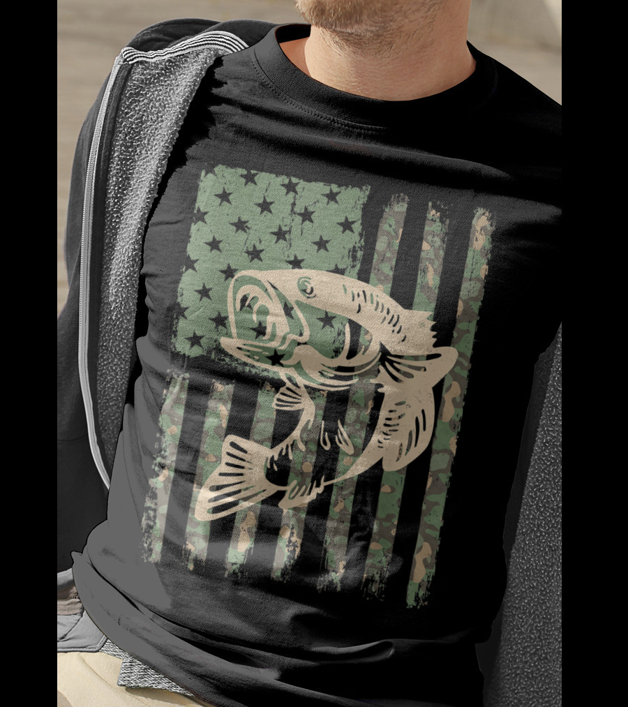 Camouflage USA Flag Big Mouth Bass Fishing T-Shirt
