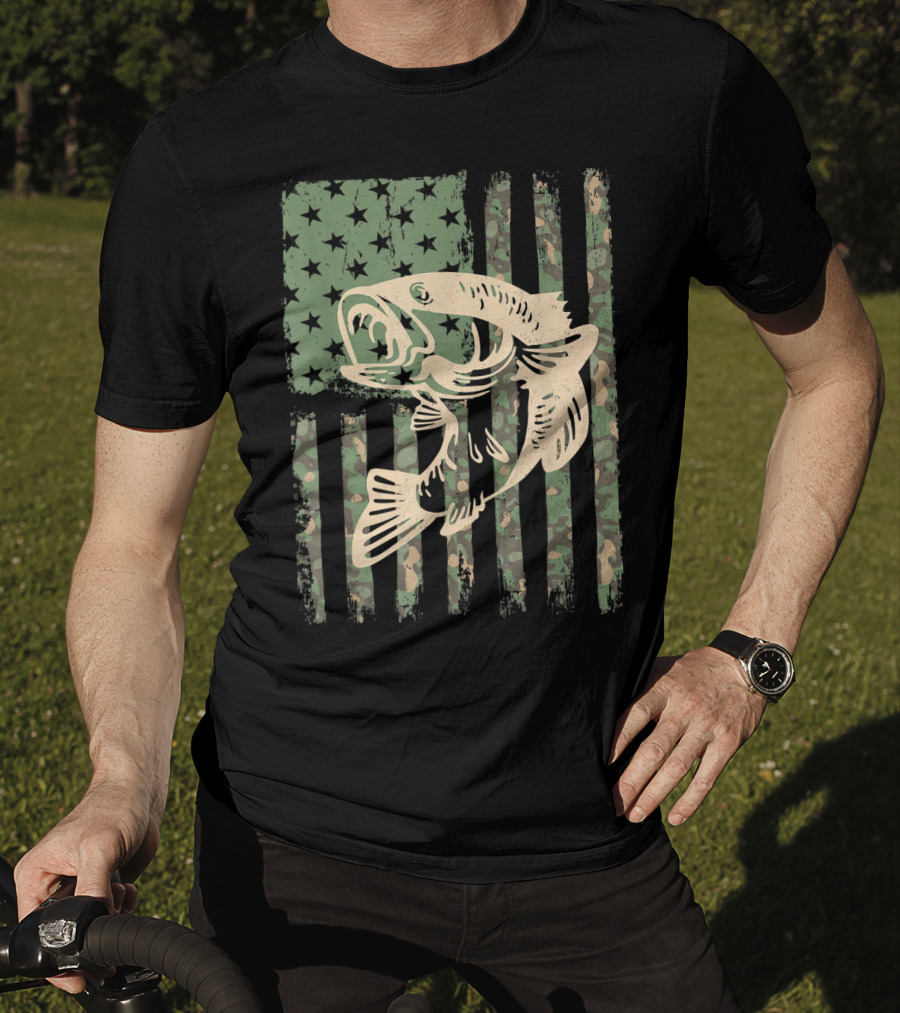 Camouflage USA Flag Big Mouth Bass Fishing T-Shirt