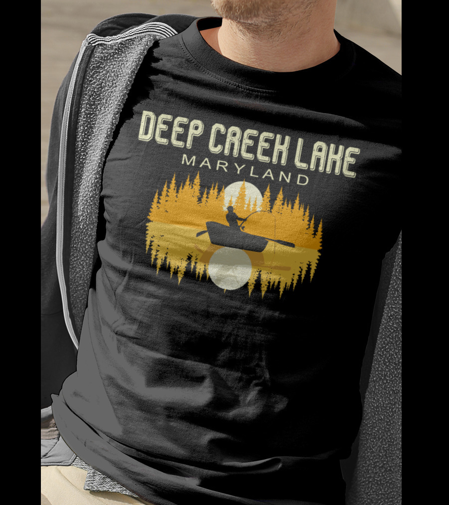 Deep Creek Lake Maryland Fishing 80s Vintage Sunset T-Shirt