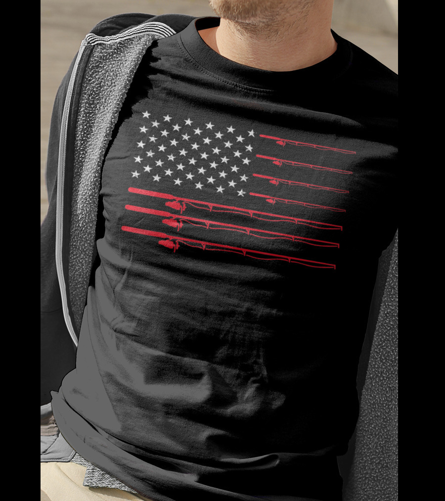 American USA Flag Fishing Rods Fisherman T-Shirt