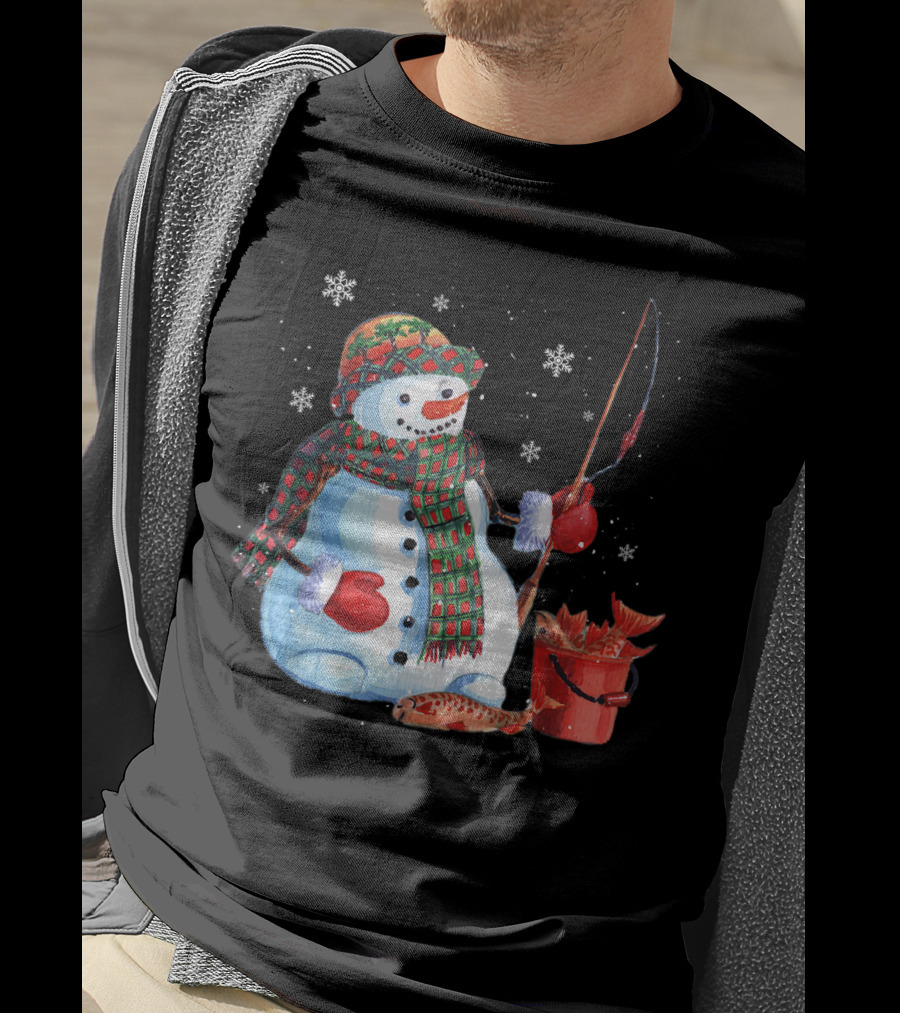Merry Christmas Fishing Snowman With Fish And Snowflakes For Fishing Lovers T-Shirt