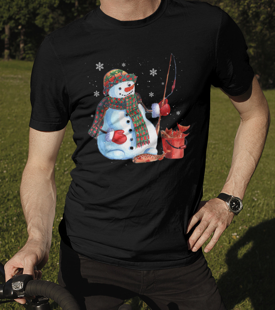 Merry Christmas Fishing Snowman With Fish And Snowflakes For Fishing Lovers T-Shirt