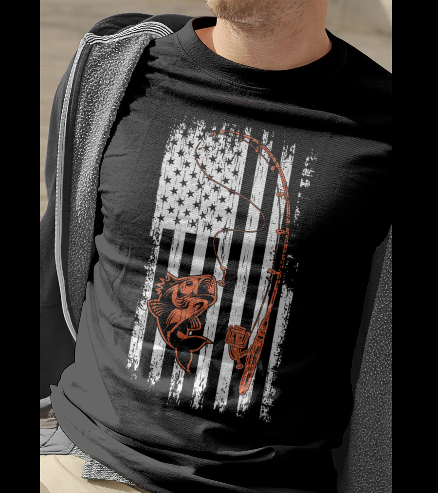 USA Fishing Flag Bass And Rod American Flag T-Shirt