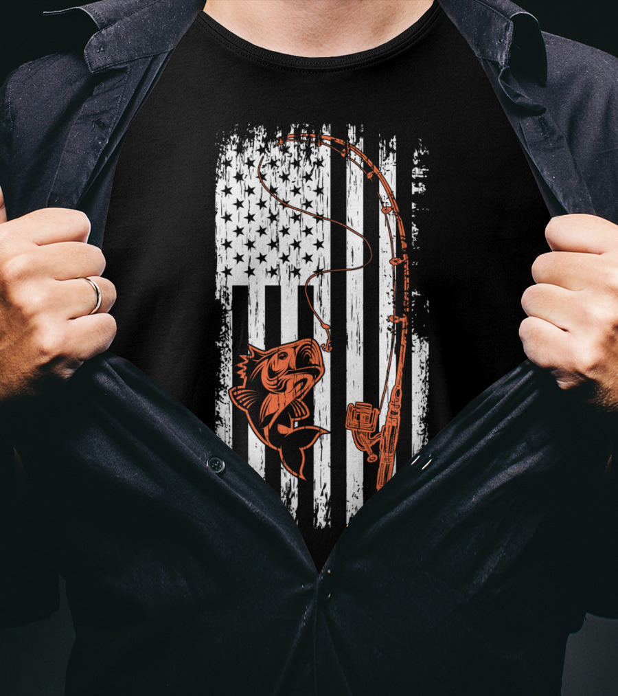 USA Fishing Flag Bass And Rod American Flag T-Shirt