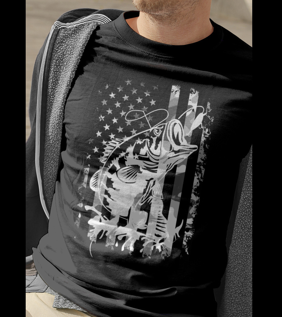USA Flag Camouflage Bass Fishing T-Shirt