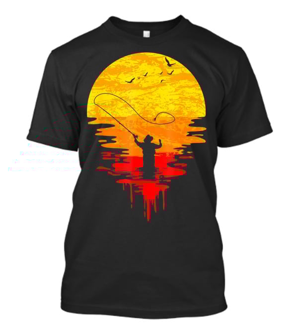 Fly Fishing At Sunset Vintage Style Silhouette With Birds T-Shirt
