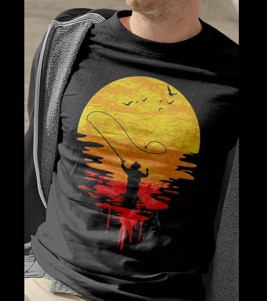 Fly Fishing At Sunset Vintage Style Silhouette With Birds T-Shirt