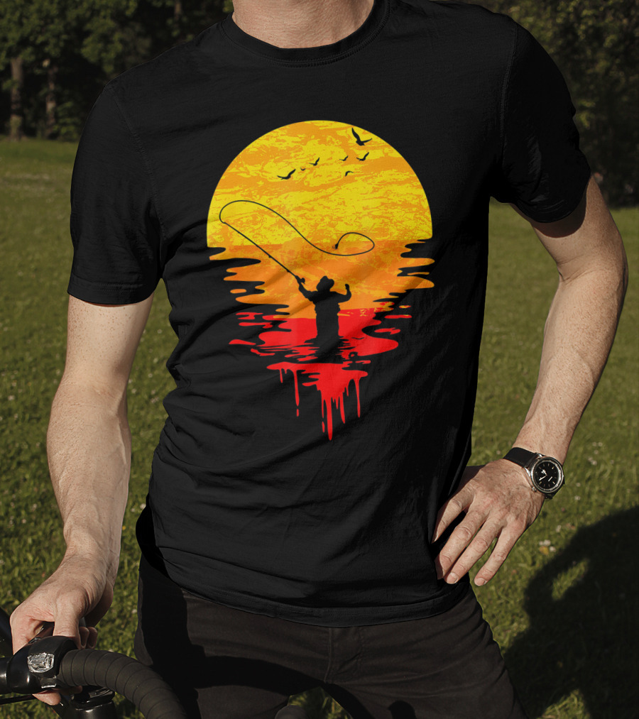 Fly Fishing At Sunset Vintage Style Silhouette With Birds T-Shirt