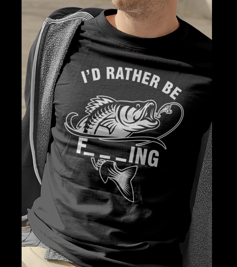 I'd Rather Be Fishing Funny Fisherman Puns With Fishing Hook And Big Fish T-Shirt